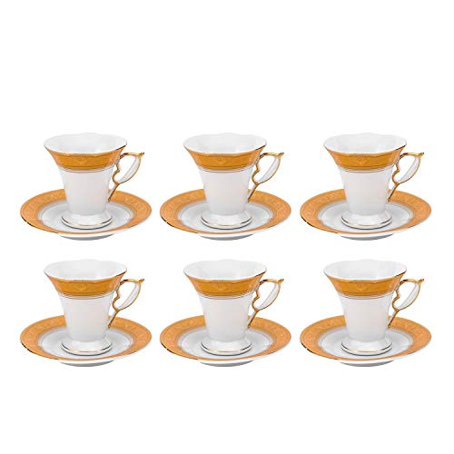 12 Pieces Porcelain Coffee Espresso Set: 6 Cups & 6 Saucers, Elegant Drinking Coffee Tea Set, Classic Design Royal Tea Service