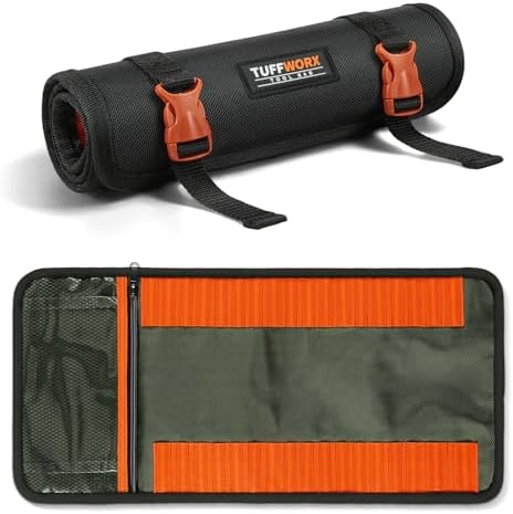 TUFFWORX Tool Roll Bag, Black with Orange Buckles, Portable Tool Organizer