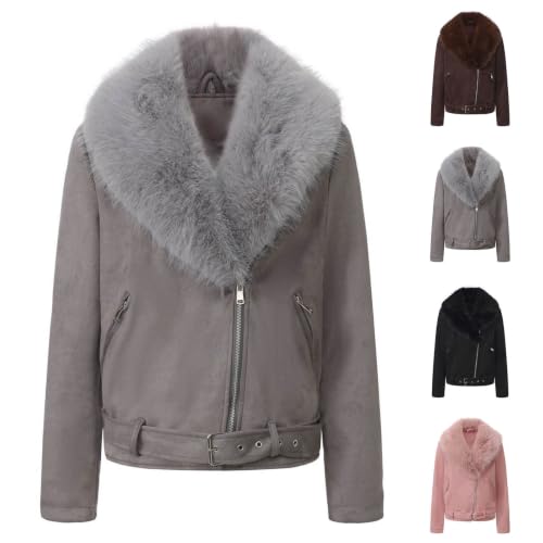 GOSEAGOTOFUN Womens Fleece Jacket Removable Faux Collar Coat Long Sleeve Zip Up Casual Jacket Fall Fashion Warm Cropped Coat Grey Small - image 4
