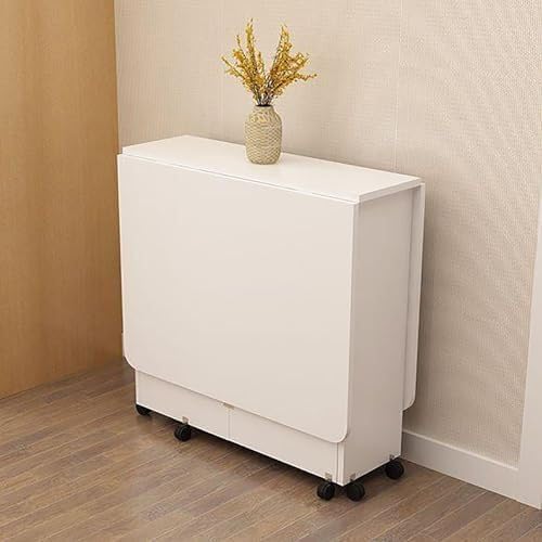 Mesa de comedor plegable extensible con 6 ruedas que ahorra espacio, diseño de hojas caídas, mesa plegable con estantes de almacenamiento abiertos para trabajo, estudio y comedor, color blanco, 140 cm