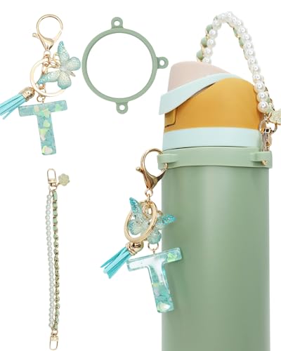 TOVICE Letter Accessories for Owala Water Bottle 24-40oz, 3PC Cute Initial Keychain & Water Bottle Handle Strap with a Thick Elastic Silicone Ring Holder (Mint Green, T)