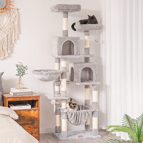 Image of Heybly Cat Tree, 70 inches Tall Cat Tower for Indoor Large Cats HCT032W | Big Cat Condo with Toy , Cat House Furniture with Padded Plush Perch, Cozy Hammock and Sisal Scratching Posts, Light Gray