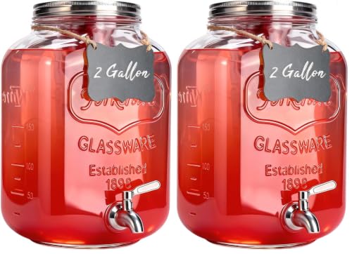 Image of 2 Gallon Glass Drink Dispenser For Parties,Beverage Dispenser,Lemonade Dispenser with 304 Stainless Steel Spigot Leakproof for Sun Tea, Picnic,Homemade Juice (Pack of 2)