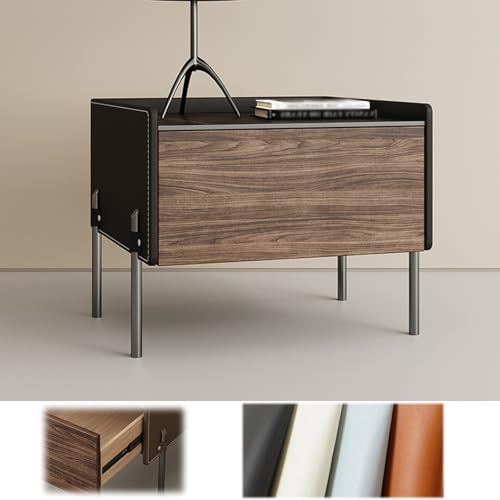 Moderna mesita de noche con cajón de almacenamiento de madera maciza y patas de metal, espaciosa mesa auxiliar para dormitorio y sala de estar, elegante diseño negro (60 x 40 x 50 cm)