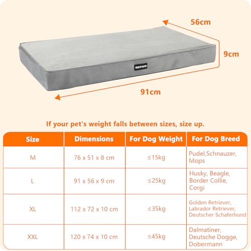 HMTOPE Orthopädisches Hundebett, 9cm Dicke Hundekissen für Mittelgroße Hunde, Abnehmbar und Waschbar Hundematte, rutschfeste Unterseite, Wasserdichtes Innenfutter, 91 cm, Hellgrau
