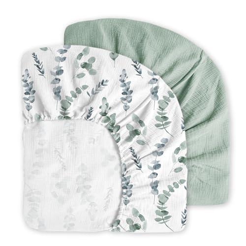 Image of Little Grape Land Muslin Crib Sheets Fitted for Boys and Girls 2 Pack, 100% Cotton Baby Bed Sheets Soft Breathable, Neutral Fitted Baby Mattress Sheets for Standard Crib 52x28 inches, Green Leaves