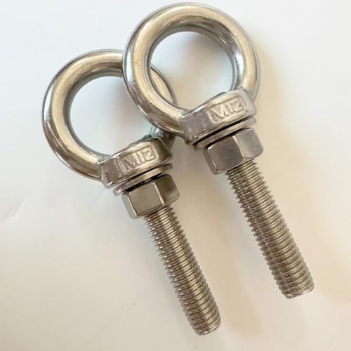 Image of 304 Stainless Steel Shoulder Eye Bolts, 2 PCS M12 Heavy Duty Eye Bolt Lifting Ring 2.4 inch Threaded Eyebolt with Nuts and Flat Washers(Thread Length 60mm) Muti-Function for Indoor Outdoor