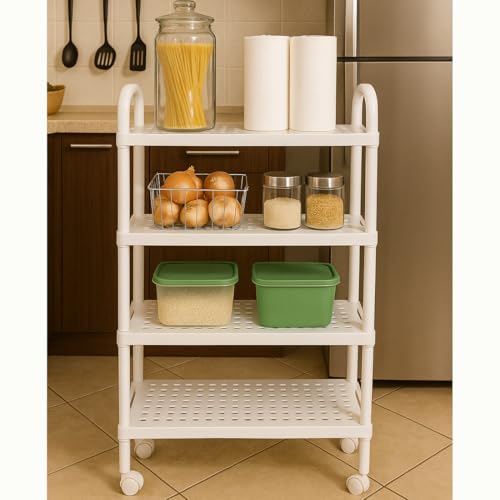 Image of Cortina Plastic Kitchen Storage Trolley Rack,Slide Out Storage Shelves Space Saving Home Nightstands Storage Organizer Box,for Newborn Essentials,Multifunction (4 Layer Kitchen Storage Trolly A)