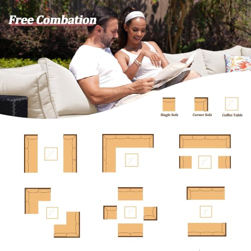 Image of 7 Pieces Outdoor Patio Furniture Sets, Patio Sectional Sofa Couch, PE Rattan Outdoor Wicker Sectional Furniture Sofa Set, Glass Coffee Table, for Balcony, Porch, Garden, Beige