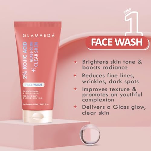 Image of Glamveda 2% Kojic Acid 4 Step Skincare Routine Facewash, Spot Corrector, Serum & Gel Cream For Remove Dark Spots, Pigmentation, Acne Scars, Clear and Glowing Skin | For Men & Women | All Skin Type
