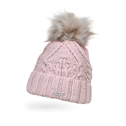 Neverless® Damen Strick-Mütze gefüttert Umschlag Fleecefutter Fell-Bommel Kunstfell Winter-Mütze Zopfstrick Bommelmütze Rosa Unisize