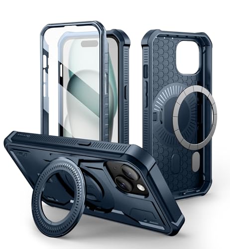 Coque iPhone 15 Magsafe Dexnor antichoc avec support intégré bleu marine