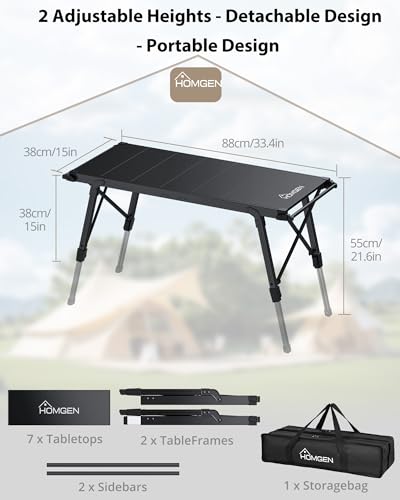 HOMGEN Mesa portátil de camping plegable ajustable altura 15-21.6 pulg, aluminio estable, mesa pequeña con barra lateral para colgar, 34.7 x 15 pulg superficie miniatura 3