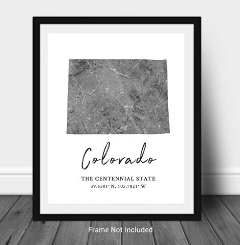Colorado State Map Wall Art Print - 8X10 Silhouette Decor Print With Coordinates. Makes A Great Rocky Mountain-Themed Gift. Shades Of Grey, Black & White. #TOP1