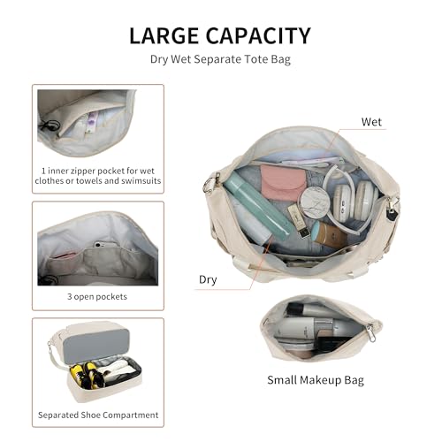 Image of Leaper Sports Duffel Bag with Charging Port, Travel Duffle Weekender Overnight Gym Bag for Women with Wet Pocket and Shoes Compartment, Yoga Crossbody Handbag Beige