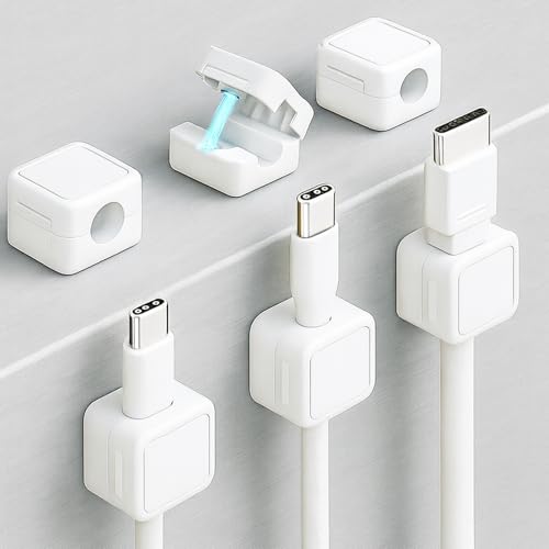 6 Pack Extra Strong Strong Magnetic Cord Organizer - Magnetic Cable Clips with Adhesive for Desk, Car & Home, Universal Cord Holder for Chargers, USB & HDMI Cables-White