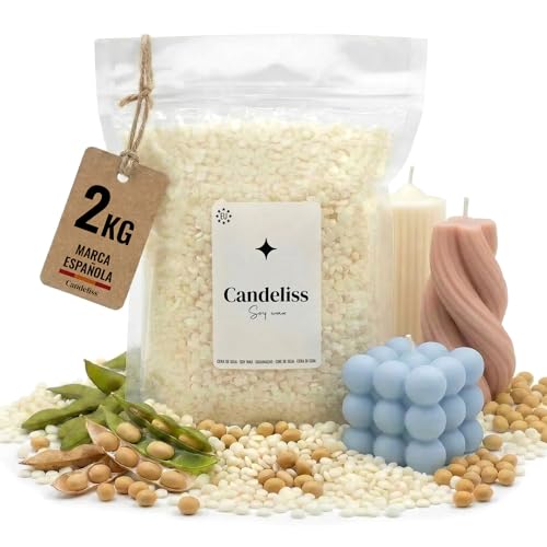CANDELISS Cera para hacer velas en molde 2kg. Cera de soja alto punto de fusion para moldes para velas 2kg Cera para hacer velas en moldes silicona Soy candle wax for silicone moulds (2kg)