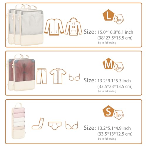 Veki Lightweight Compression Packing Cubes for Suitcases, Visualization Travel Packing Organizers Cubes for Luggage and Backpack, Travel Accessories for Suitcase (Khaki, 6 Set(3L+2M+1S))