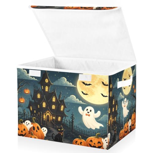 Bolaz Halloween Scene Haunted House Storage Bins with Lids and Handles, Storage Box Basket with Cover Collapsible Organizer Containers for Home Closet, Shelves