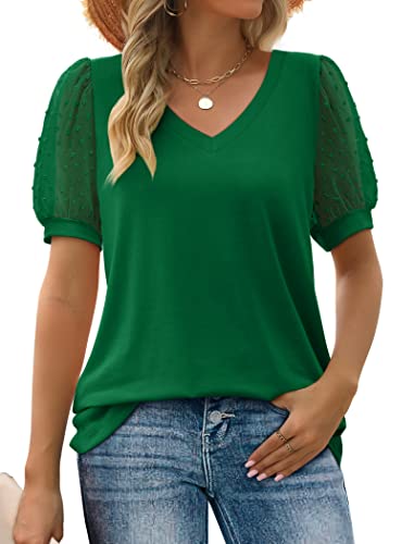 Image of Aokosor Womens Summer Tops V Neck T Shirts Swiss Dot Puff Sleeve Tops Loose Casual Tshirts