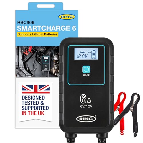 RING SMARTCHARGE 6A Car Charger & Maintainer With Crocodile Clips & Built-In Hanging Hook - Compatible With Lithium Ion, Lead Acid, Gel, Calcium, EFB & AGM Batteries