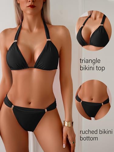 TASHEHE Women's Triangle Ruched Bikini Set Sexy Two Piece Swimsuit Halter Sliding Rings Bathing Suit4