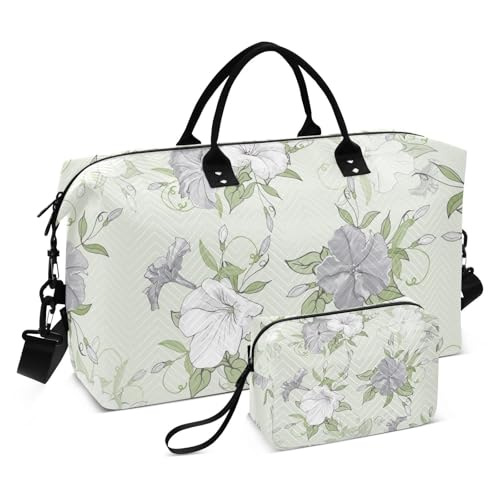 Bolaz Duffle Bag for Travel-White Floral PrintWeekender Overnight Bag with Wet Pocket for Women，Large Carry On Airport Bag with Toiletry Bag