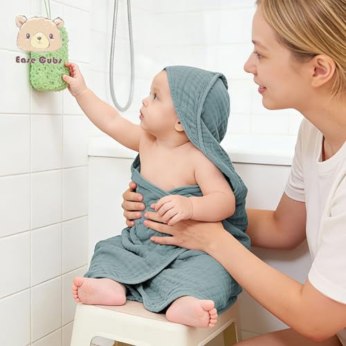 Image of Ease Cubs 3-Pack Muslin Hooded Baby Towels, 100% Cotton, Ultra-Soft & Absorbent Baby Bath Towels with Hood for Babies, Infant, Toddler and Newbron (Grey, Green and Slate,32 inch x 32 inch)