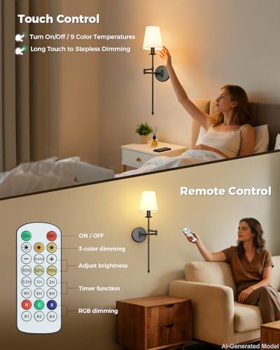 Image of Joosenhouse Black Wireless Wall Sconces Set of 2, Battery Operated Wall Lights with Remote Control, 9 RGB Color Options, 24.8 inch Dimmable Wall Lights for Hallway, Bedroom, Living Room