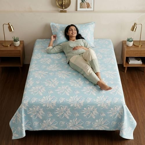 Image of Mafatlal 186 TC Metro Cotton Single Bedsheet | 90 x 60 Inch | Soft Breathable Fabric with Pillow Cover | Lightweight Daily Use Bed Sheet | Arctic Blue
