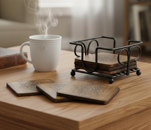 Image of StonKraft Wooden Tea Coffee Coasters /Rustic Vintage Look Coasters Set with Wrought Iron Holder