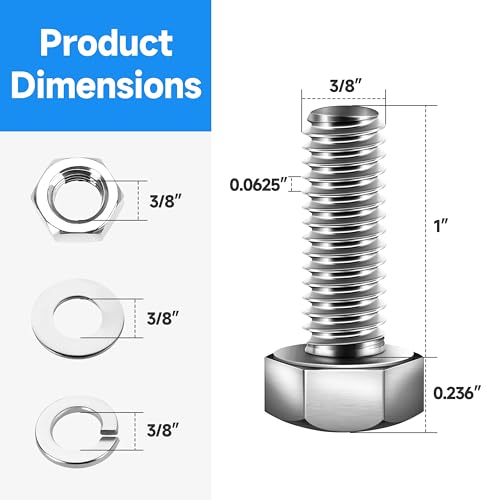 Image of (10 Sets) 3 /8-16 x 1, 3 /8 Bolt Hex Head Screws, Assorted Screws Nuts and Bolts with Flat & Lock Washers, 304 Stainless Steel 18-8, 3 /8 Bolts and Nuts Set by Marysino