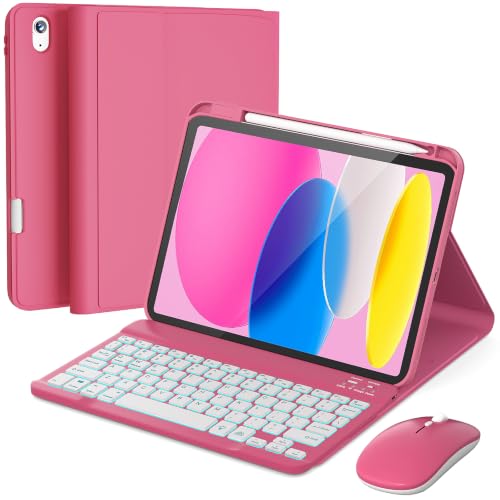 Image of RAYMCRAFT for iPad 11th (A16, 2025) / 10th Generation Case with Keyboard, Mouse and Detachable Wireless Keyboard, 7-Color Backlight, Slim Case with Pencil Holder, Hot Pink