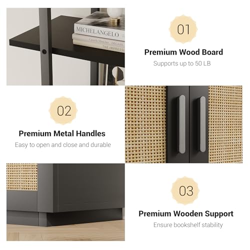 5 Tier Tall Bookshelf with Open Display Shelves, 71 Inch Rattan Classical Book Shelf with Storage, 5 Open Storage Bookcase with Metal Frame for Living Room, Bedroom and Home Office