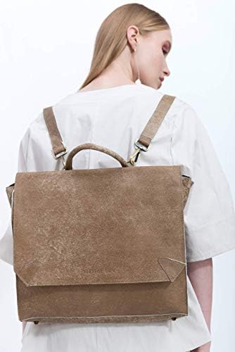 Handmade Designer Beige Genuine Leather Laptop Backpack and messenger Bag