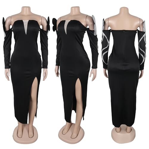 Image of Jigfar Women Sexy Elegant Rhinestone Split Party Night Bodycon Formal Maxi Dress(FK3399,Black,S)