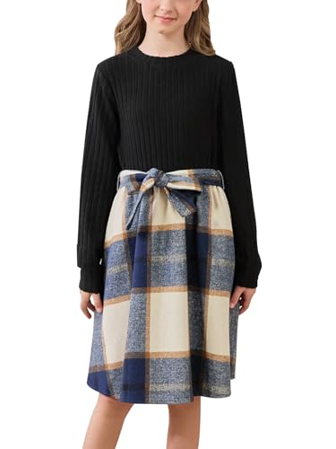 GORLYA Girls Long Sleeve Mock Turtleneck Plaid Contrast Bowknot A-Line Party Dress with Belt 6-14Y