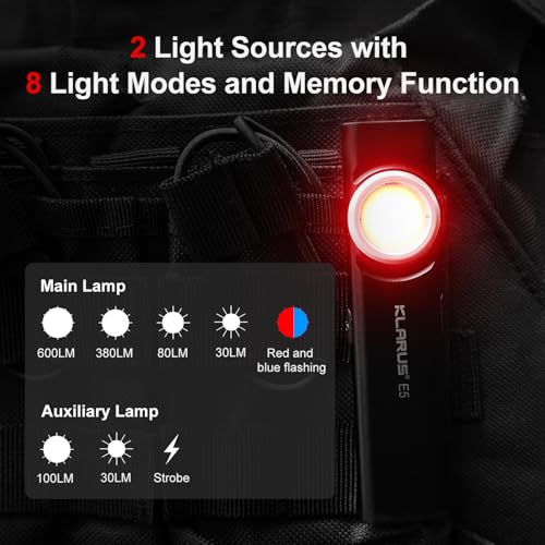 Image of klarus E5 Pocket Flashlight, Rechargeable EDC Flashlight, Super Slim 4.2x1x0.3inch, 600 Lumens, USB-C Port, IPX4, Dual Light Source with Magnetic Base, Hat & Clothes Clip - Black