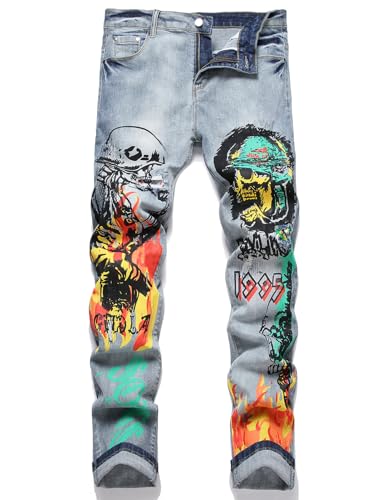 Men Skull Devil Flame Graffiti Print Stretch Denim Slim Straight Jeans