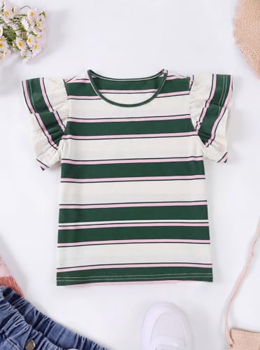 Image of Girls Striped Shirt Flutter Sleeve Top Crewneck Cute Summer T Shirts Casual Tees Apricot Green 9-10 Years