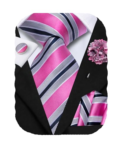 Hi-Tie Mens Pink and Navy Blue Silk Striped Tie Wedding Formal Necktie