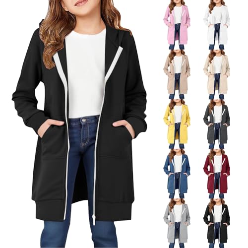 Girls Zip Up Hoodie Long Hooded Sweatshirt Coat Fleece Solid Color Jackets With Pockets Fashion Fall Winter Clothes Girls Fall Jacket Black 7-8 Years