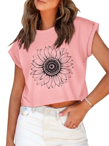 Image of Womens Crop Tops Summer Roll Cap Sleeve Cropped Tshirt Loose Fit Basic Tees