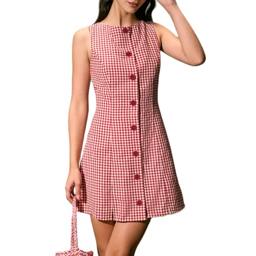 Women Summer Mini Plaid Tank Dress Sleeveless Round Neck Button Up Bodycon Cocktail Party Dress (Red A, L)