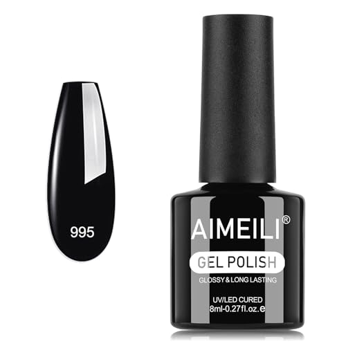 AIMEILI Esmalte Semipermanente Gel UV para Uñas Negro 8ml Gel de Uñas Soak Off para Manicura Brillo y Duradero Aplicación con Lámpara UV/LED Ideal Nail Art Salon Home DIY, 995