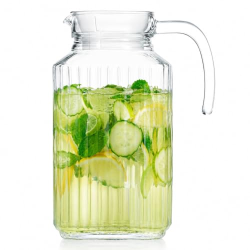 Image of Bellemax Premium Glass Water Jug - 1.8 LTR, Transparent, Hot Cold Water Pitcher with Lid Water Jug, Iced Tea, Milk and Juice Beverage Carafe, Lemon Jug, 1.80 Liter (TM-17)