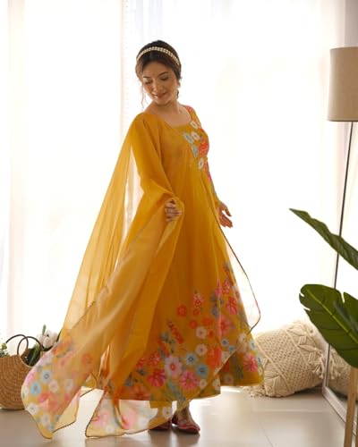 Image of KD Women's Floral Print Anarkali Kurta Set with Pant and Dupatta, Georgette, Full Sleeves, Asymmetric Hemline