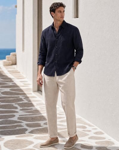 Image of Nobero Breezy Premium Linen Cotton Shirt for Men | Stylish Casual Shirts for Men | Semi Cut Collar | Box Pleat | Curved Hem | Regular Fit | Full Sleeve | S-XXXL
