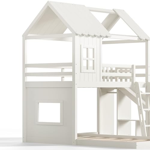 Image of Bellemave Bunk beds Twin Over Full with Slide,Ladders,Bookshelf and Wardrobe House roof Design, Low bunk /loft Bed for Kids,Beige