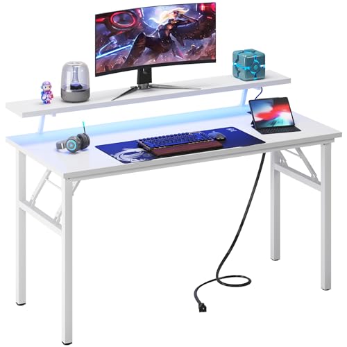 Image of DlandHome 47 inch Computer Desk with Power Outlets & LED Lights, White, Bedroom